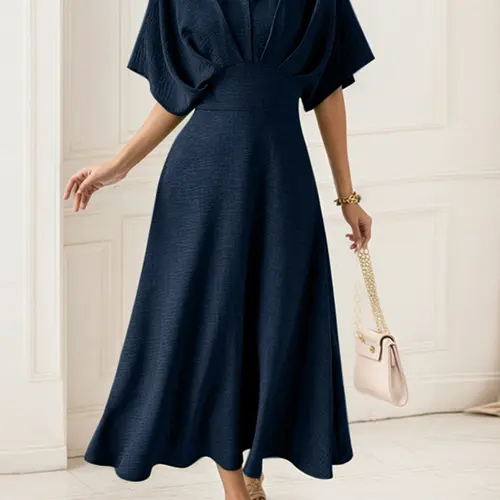 Elegant Women's V Neck Batwing Sleeve Woven Fabric Dress with Waist Pleats, Five-Quarter Sleeves and Zipper Closure for Classy Look, Casual Wear, Boho Flowy Attire, Casual Boho Fit, Womenswear, Lady, Vneck