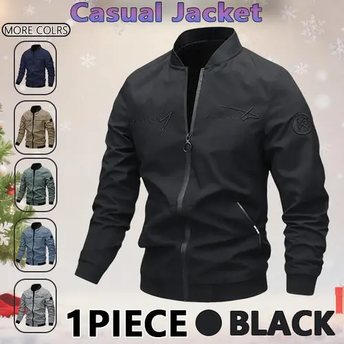 Men's Regular Fit Letter Embroidered Zip Up Pilot Jacket, Autumn Winter Casual Long Sleeve Windproof Baseball Collar Coat, Men's Everyday Wear, Men's Jacket, Black Casual Outdoor Jacket, Suitable for Work, Travel,  Coats Menswear windbreaker jacket Casua