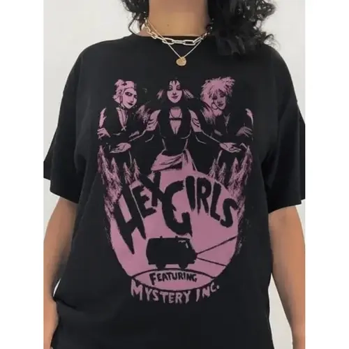 Vintage Hex Girl Rock Band Graphic T-Shirt With Pink Flame And Monster Design In Soft Black Cotton For Casual Wear And Concerts