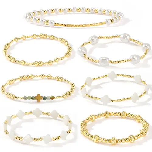 SHINUS Women's Boho Style Jewelry 7PCS Stackable Bracelets Set - Handmade Gold-Plated Cross, Clover, Pearl Beaded Stretch Bangles, Fashion Costume Jewelry Accessories, Teen Girl Gifts