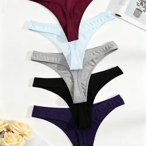 5-Piece Set Plain Color Women's Thong Underwear, V-Back Drop Waist Design, Casual Fitted Style, All Seasons Wear, Comfortable & Stylish