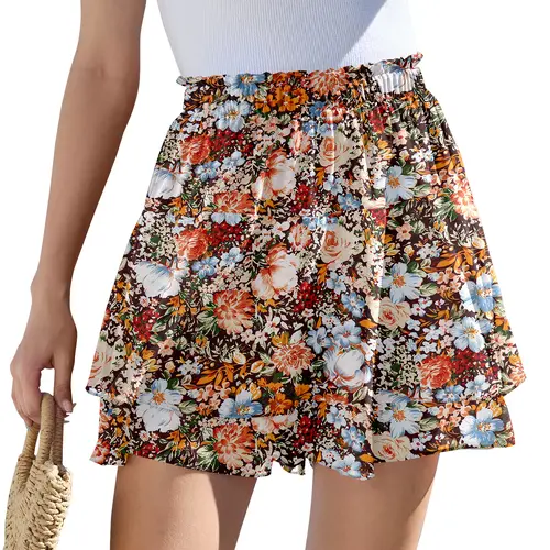 Women's Flowy Short Boho Floral Skort Casual Ruffle High Waist Mini Skort Summer Running Chiffon Butterfly Culottes Summer Outfits campingessentials campingessentials High Waisted Skorts Athletic Skorts