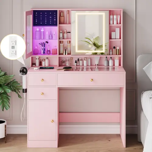 Sturdy Traditional LED Light Makeup Vanity Desk with Mirror, Power Outlet, 3 Drawers, 2 Wood Dresser Cabinets, 8 Storage Shelves & Adjustable Lighting - Small Space Solution for Makeup Organization, Dorm Room, Fathers Day Gift Option, Wood Dresser Cabinet