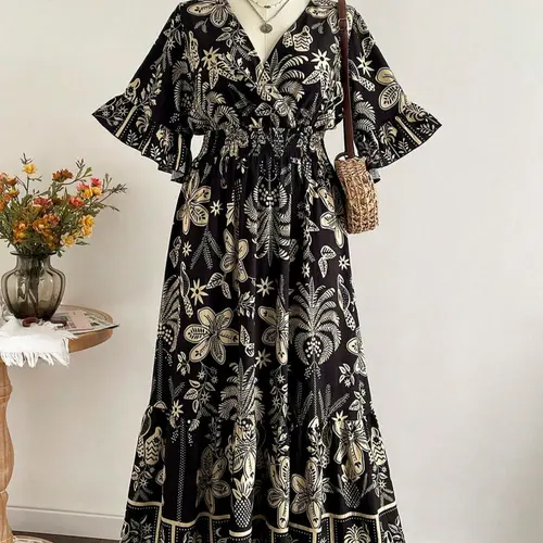 [Plus Size] All Over Print Flounce Sleeve Shirred Dress, Boho Bohemian Aesthetic Style Dresses V Neck Short Sleeve Dress for Beach Vacation Holiday, Women's Clothes Womenswear Casual for Summer