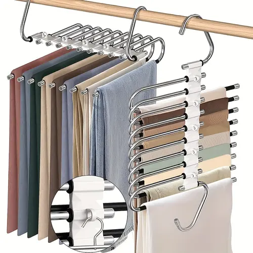 9-Layer Stainless Steel Clothes Hanger Rack - Space-Saving Hanging Organiser for Wardrobes, Bedrooms, Ideal for Jeans, Scarves, Pants, Fashionable Metal Design, Clothing Stoppers