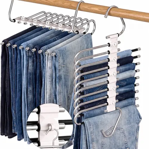 Stainless Steel Space-Saving Foldable Pants Hanger - Slide Retractable Rods, Adjustable Hook, 2 Vertical-Horizontal Hanging Ways, Closet Organiser for Jeans, Slacks (Space Saving Hangers),dorm essentials,home decor