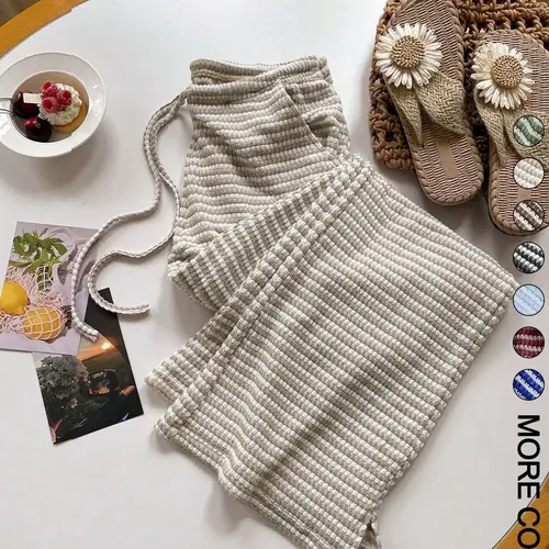 Women's Summer Knitted Striped Adjustable Drawstring Pocket Casual Baggy Loose Wide Leg Pants, Perfect for Daily Wear and Vacations