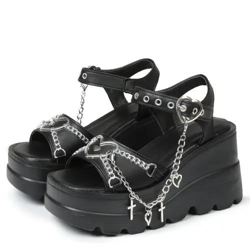 Gothic Platform Wedge Sandals For Women Heart Chain Cross Charm Strappy Sandals Black Punk Goth Open Toe High Heel Shoes Emo Alt Harajuku Footwear Daily Party Streetwear