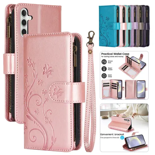 HISTORYOO For Samsung Galaxy S26 S25 Ultra S24 Plus S23 FE S22 S21 Lanyard Cute Floral Embossed Butterfly Wallet Phone Case with 6 Card Slots Zipper Pocket Wrist Strap Women Soft PU Leather Protective Flip Fold Stand Cover Magnetic Closure For Mom, Cash,,