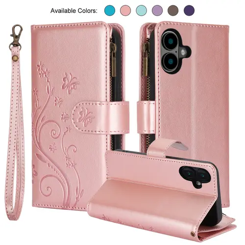 HISTORYOO For iPhone 17 Pro Max Air 17 16 15 14 Plus 13 12 Pro 17e 16e Case Lanyard Cute Floral Embossed Butterfly Wallet Wrist Strap 6 Card Slots Standing Function Zipper Pocket Soft PU Leather Flip Fold Stand Magnetic Closure Protective Cover Women Girl