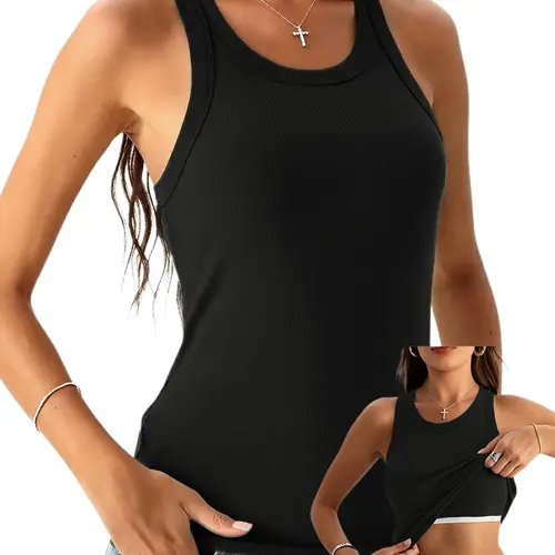 Danysu Racerback Tank Tops with Built in Bra for Women High Neck Ribbed Basics Fitted Long Going Out Tanks