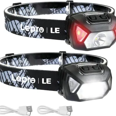 Rechargeable LED Headlamp - Super Bright Flood LED Lights Flashlight, 6-Mode, IPX4 Waterproof High Lumen, Lightweight Comfortable Adjustable Headband, Included USB Cable, Outdoor Gadgets for Camping, Emergency Use