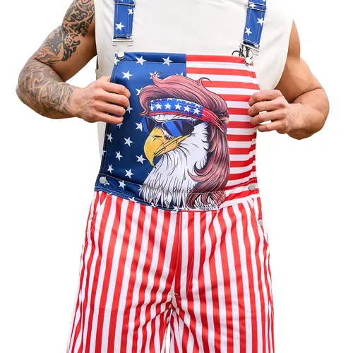 Yuanbang Men's Patriotic Sleeveless Adjustable Casual Overalls - Romper Jumpsuit, 4th of July Costume Outfit, Summer Holiday Party Menswear