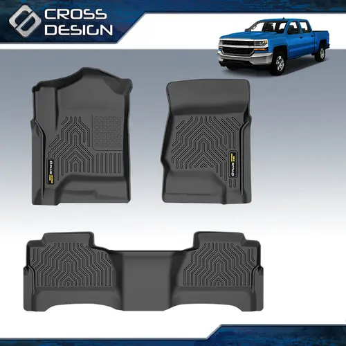 CROSSDESIGN Synthetic TPE All-Weather 3D Waterproof Anti-Slip Easy-to-Clean Car Floor Mats - Accessory with Crease Recovery, Fits 14-18 Silverado/Sierra 1500 2500HD 3500HD Crew Cab, 1-Set (3pcs) Black Car Accessories, Car Accessory, Liners