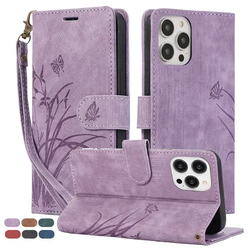 HISTORYOO Women's Soft PU Leather Wallet Phone Case for iPhone 17/16 Pro Max/15/14/13/12/11 - Butterfly Orchid Embossed, 1 Cash Pocket, 3 Card Slots, Wrist Strap Lanyard, Magnetic Closure, Flip Fold Stand, Smartphone/Cellphone/Handheld Device Protection,