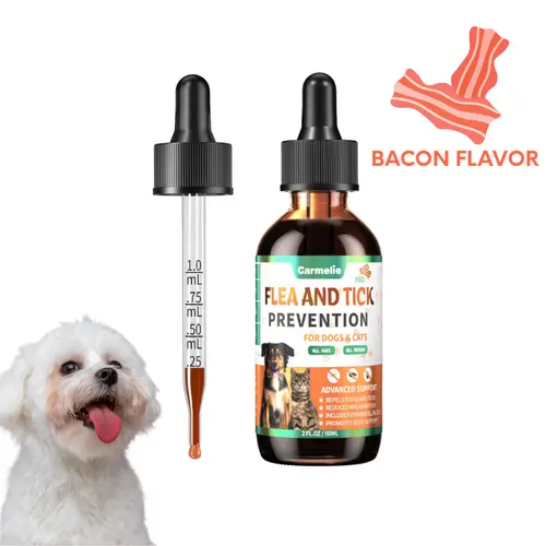 #backtoschool#sohochicCarmelie Flea & Tick Support Drops for Dogs & Cats, 60ml Natural Oral Liquid, Bacon Flavor, Daily Flea & Tick Protection Support, Helps with Itching, Scratching & Hot Spots, Skin & Coat Support, Vitamins B1, B6, B12 & E