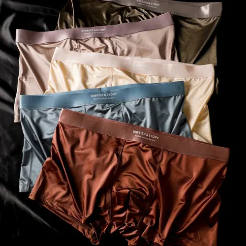 5 Biweier Satin Boxers in Morandi Colors, Breathable Men's Shorts for Home & Vacation, Cool Comfort Lightweight Luxury Fabric, Stretchy Boxer Briefs, Elastic Boxer Briefs, Underwear Boxer Briefs