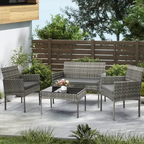 4 Piece Patio Furniture Set, Outdoor PE Rattan Conversation Set with Washable Cushions & Tempered Glass Tabletop, Matching Wicker Chairs, Sofa, and Coffee Table,  Porch, Garden, Balcony (Grey),summerwins summergarden,outdoorfurnitureset
