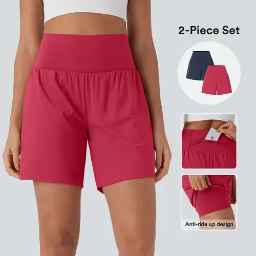 Halara 2-Piece Softlyzero Airy Super High Waisted 2-in-1 InstantCool Yoga Shorts 7" with Pockets Set #BackToSchool
