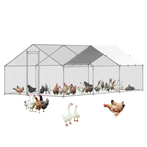 【Father's Day Gift】VEVOR Metal Chicken Coop, 9.8x19.6x6.5 ft Large Walk-in Enclosure with Cover Spire Roof, Chicken Wire Fence, Security Lock, Outdoor Backyard Pen for Ducks, Rabbits