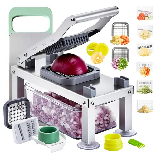 【Summerfinds】Durable All-in-1 Multi-Blade Food Prep Utensil with 9 Stainless Steel Blades - Chopper for Dicing, 0.12x0.12in Fine Julienne, Cup Slicer, Fine Grater, Salad Spiralizer, Mashing, Container, Hassle-Free Cleaning Kitchen Gadget, Slip-Resistant B