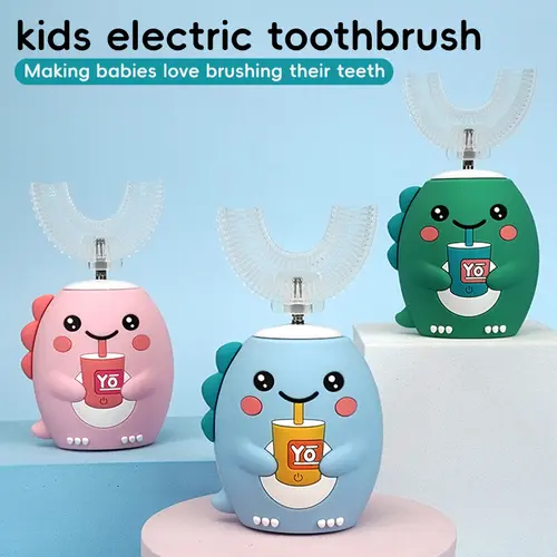 Children's U-Shaped Electric Toothbrush (Automatic Ultrasonic Model with Soft Silicone Bristles) — Dinosaur-themed, rechargeable, and self-cleaning; ideal as a gift or holiday present for children.