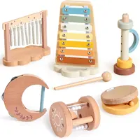 Montessori Wooden Percussion Musical Instruments Set with Xylophone & 1 Tambourine, Unisex Toddler Preschool Educational Play Toys for Holidays, Birthdays, Includes 1 Finger Castanet, 1 Hand Drum
