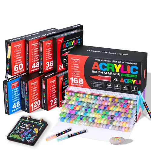 GuangNa Acrylic Paint Marker Set (48/72/168 Count) - 1mm Elastic Tip, Quick-Drying Waterproof Ink, High Detail Coloring Office Stationery, Art Supplies for Adults, Ideal for Rock Wood Canvas Crafts Gift