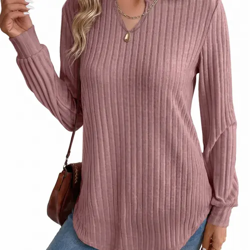 Shewin Women's Casual Striped Lightweight Deep V-Neck Long Sleeve Loose Knit Pullover Top - Silky Viscose-Polyester-Elastane Blend Knitwear, Medium Length, Machine Washable, Soft Ribbed Texture, Ribbed Depth Look, Office-Ready, Outfit-Upgrading Piece