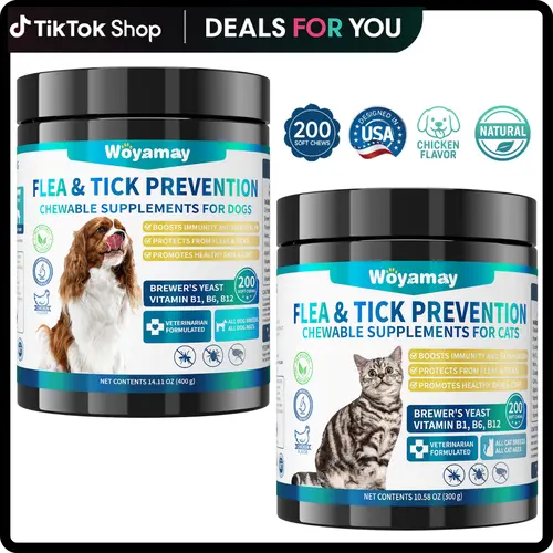 Woyamay Dog & Cat Flea and Tick Daily Chews - Natural Chicken Flavor Pet Supplies, 24-Month Shelf Life Health Supplements with Oil, Vitamin B