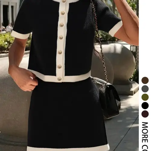 Women's French-Style Elegant Workwear Set, Colorblock Knit Short Cardigan Round Neck and Skirt Two-Piece Set, Casual Fitted Outfit for Summer Clothes