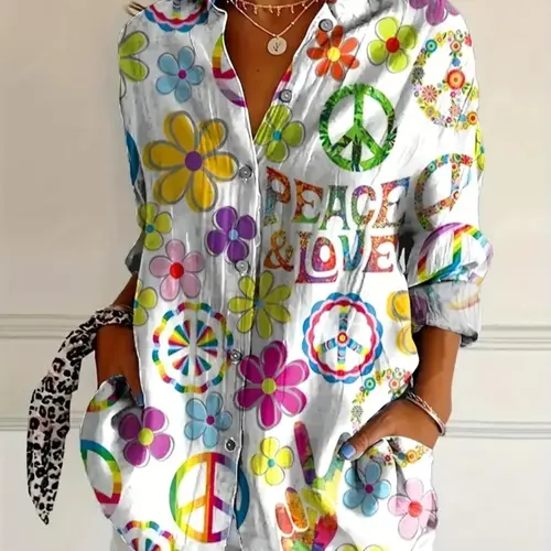 Women's Bohemian Style Long Sleeve Shirt, Vibrant Peace Love Print, Casual Button Up Blouse for All Seasons, Boho Shirt