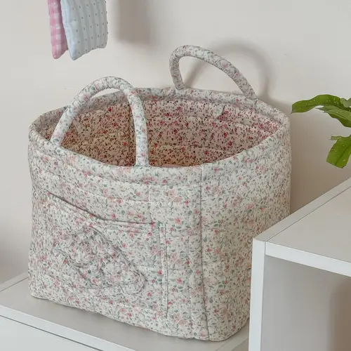 Quilted Cotton Floral Fabric Storage Basket - Foldable Household Items Organizer Storage, Laundry Baskets, Room Accessories for Clothes, Toys - Machine Washable, Large Capacity, Woven Decorative Home Organizer