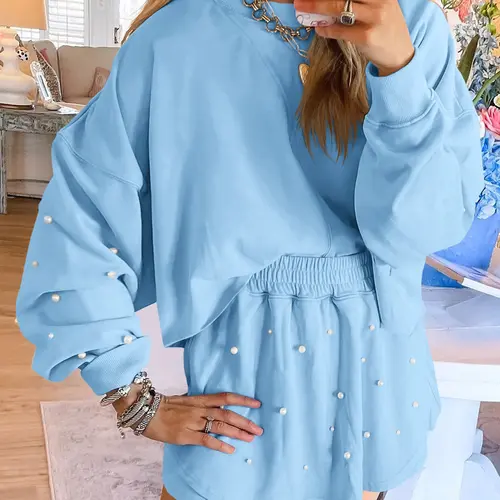 FISOEW Women's Casual 2-Piece Set - Pearl Embellished Longsleeves Round Neck Sweatshirt & Matching Skort, Minimalist Women's Suit