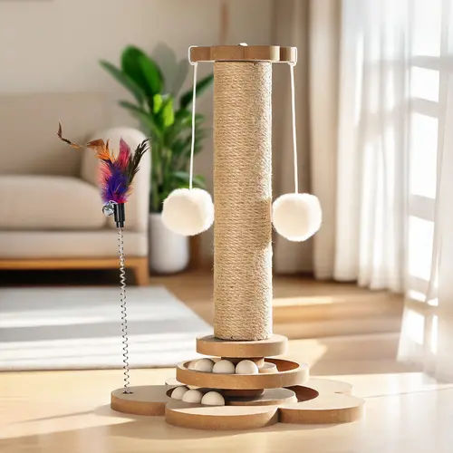 Pawaboo 9.45'' Cat Scratching Post, Cat Scratcher Tree Tower Scratching Posts for Indoor Cats, Sisal Kitten Scratch Posts Trees with Hanging Fluffy Balls and Track Balls, Furniture Protector Cat Toys Wood