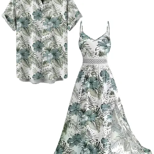2026 Vacation Couple Outfit Hibiscus Floral Leaf Pattern Geometric Lace Panel Hollow Out Long Dress and Button Up Shirt Casual Matching Outfit beachwear