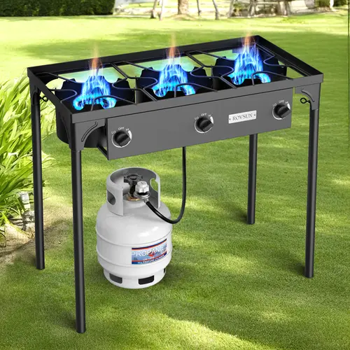 ROVSUN Iron-Coated Outdoor Portable Propane Stove - 1/2/3 Burners, 75000/150000/225000 BTUs, CSA Listed Pressure Regulator, Adult Height Design, Grill Torch for Camping Gear, Trucking, Home Brewing (Gas Tools)