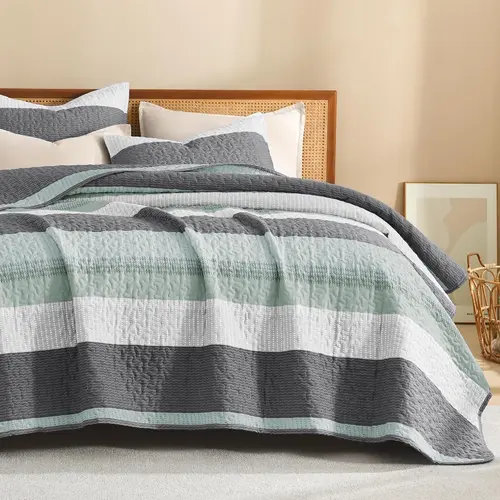 【Summer Sale Deals】Litanika 3-Piece Quilt Set - Lightweight & Breathable Summer Bedspread Striped Bedding Set Microfiber Bedding Set, Quilted Bedspread Set