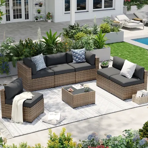 Aoxun 7-Piece Modular Wicker Patio Furniture Set, Sturdy All-Weather Rattan Sectional Sofa with 4" Thick Waterproof High-Resiliency Foam Cushions (Light Gray & Navy Blue), Glass Coffee Table, 600D Oxford Cover, Storage, Assembly Required, Backyard Use