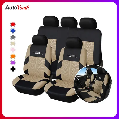 AutoYouth Breathable Cloth Elegant 5-Seat Car Seat Covers Set, Soft Fabric Protectors, Universal Fit for Most Cars SUVs Vans & Trucks, Airbag Compatible, Interior Essentials, Truck Accessories, Beige Gray Red Car Decor, Car Interior Accessories
