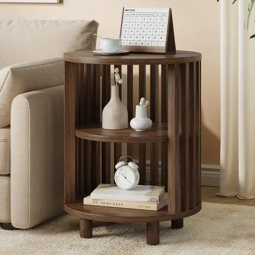 【SummerFinds】ONBRILL Round End Table, Wood Bedside Table, Mid Century Modern Nightstand with Open Storage Shelf, 3 Tier Small Side Tables for Living Room, Bedroom, Curved Profile Design, Natural Oak(2-Pack),dorm essentials,home decor