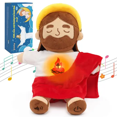 Yelakey Breathing Jesus Plush Toys with Light & Sound, Jesus Stuffed Animal Breathing Plushy Doll, Christian Catholic Religious Plushie Chr
