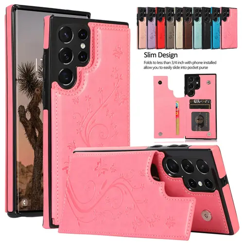 HISTORYOO For Samsung Galaxy S26 Ultra S25 S24 Plus S23 FE S22 Case Soft PU Leather Retro Embossed Butterfly Flower Shockproof Wallet Double Magnetic Clasp Protective Flip Fold Stand 3 Card Slots Pocket Women Soft Folio Cover Mom, Smartphone, Handheld, Ce