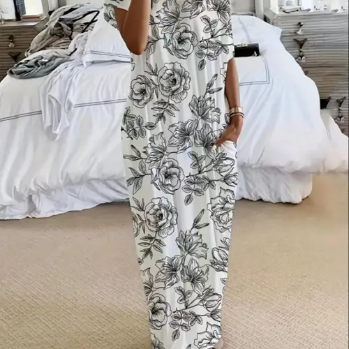 Women's Floral Print Batwing-Sleeve Nightgown with Pocket, Comfortable Loose-Fit Printed Nightdress for Home & Sleep, Fashionable Nightwear & Loungewear, Nightwear Sleepwear Homewear