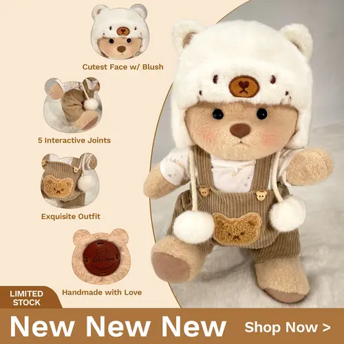 GETAHUG Manual Handmade Jointed Teddy Bear Stuffed Animal Plushie - 12" Standing, 5 Interactive Joints, White Mink Hat, Brown Overalls, Exquisite Outfit, Durable Fluffy Fabric, Soft Huggable Anthropomorphic Collectible, Unisex Kids Ages 6+ Gift Toy