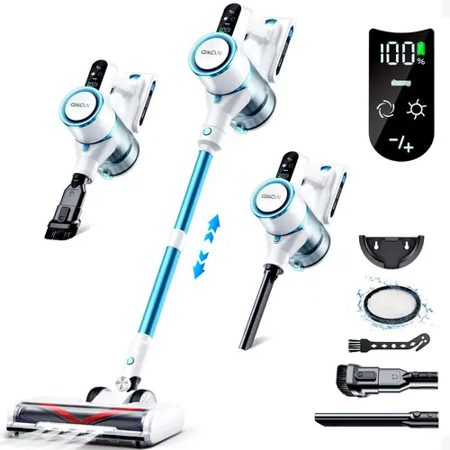 Qikcln QC-VC01 Cordless Handheld Vacuum - 7.5lb Home Cleaning Tool, 20Kpa Dust Suction Machine with HEPA Filter, LED Dirt Reveal Brush, Tangle-Free V-Brush, Display, for Carpet & Hard Floor, Dry Only, Clean Floors Solution, Cleaning Upgrade