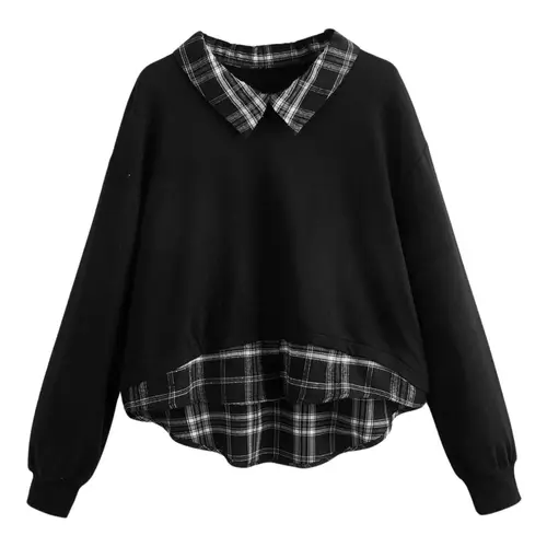 EZwear Women's Fashion Womenswear Long Sleeve Fitted Sweatshirt with Contrast Plaid Neckline and Hem, Trendy Top for Relaxed Wear Piece, Casual Fashion Knit, Knitwear for Fall