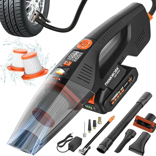 【BackToSchool】THINKWORK 20V Car Vacuum & Air Compressor, Dual Function High Power Handheld Cordless Vacuum with 18000pa Suction Power for Car Cleaning, Household Dust Removal, Inflation