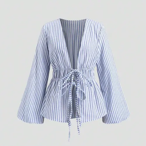 European and American Stylish Women Casual Fitted Striped Belted Woven Bell Sleeve Blouse Shirt with Flared Sleeves, Long Sleeve, Spring Autumn Office Wear and Daily Outing Top Blouses Shirts Tops for Comfort Fit