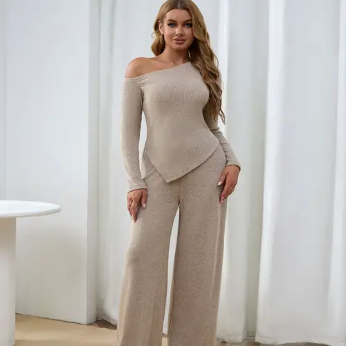 USBoutique Chic Sherpa Set for Women Asymmetric Shoulder Top & High Waist Wide Leg Pants Soft Winter Outfit Beige Color Womenswear Clothes Suits Trouser